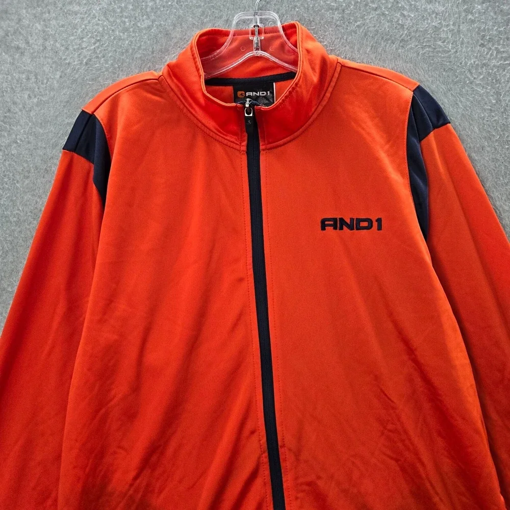 AND1 Men‎ Track Jacket Large Orange Full Zip Logo Mock Neck Pockets Long Sleeve